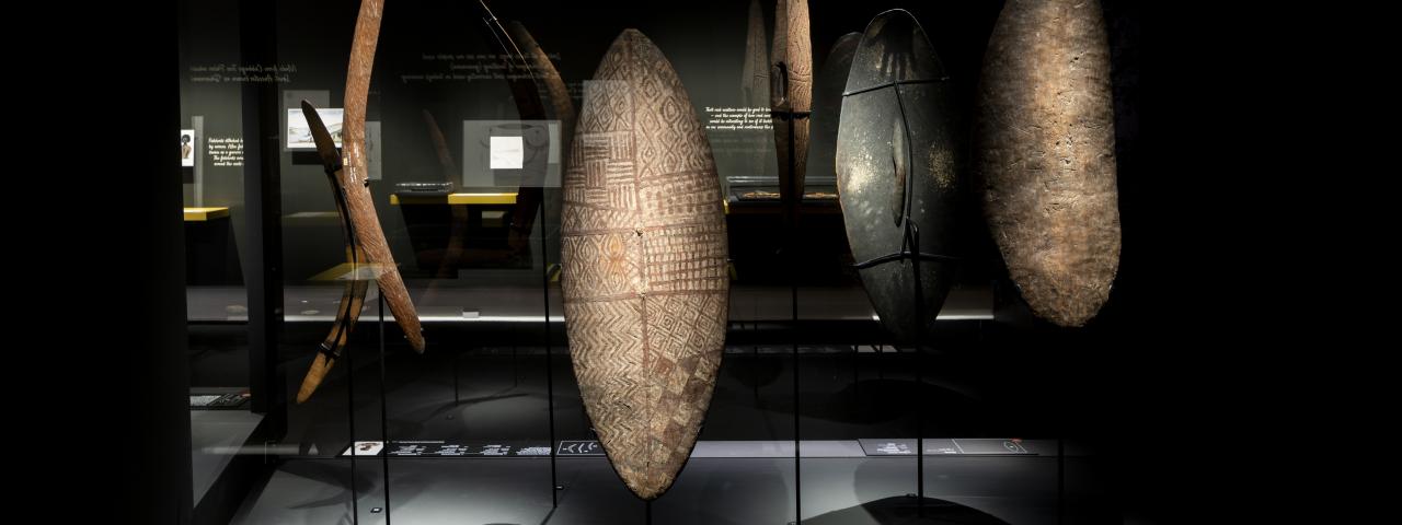 Photograph of ancestral shields in an exhibition