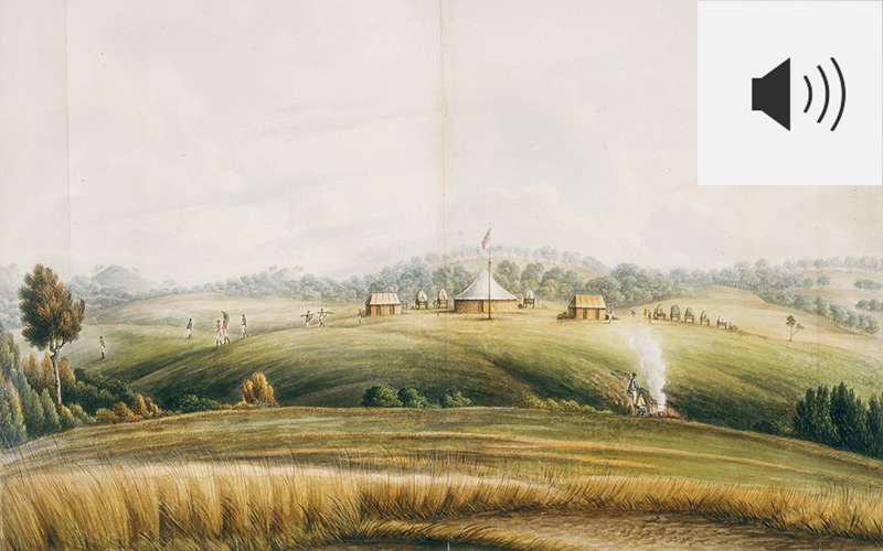 Audio icon and image of Lewin watercolour of Bathurst plains
