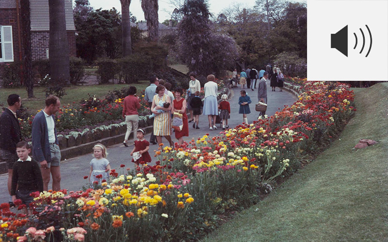 Audio icon and image of an old colour Kodak slide of people walking down a path with flower beds on either side.