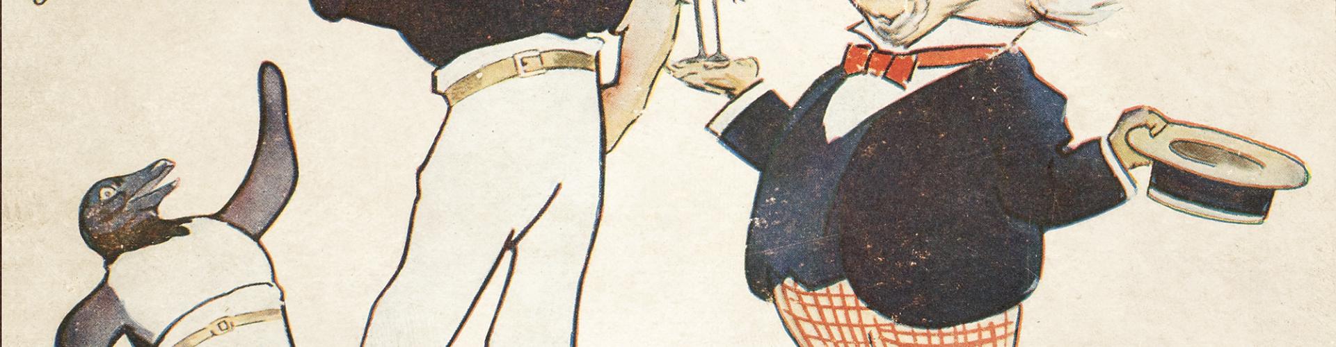 Illustration of a penguin in trousers, a man with a beard and koala wearing a suit (who is holding up a pudding with legs and a face and basin hat). 