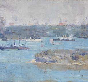 Oil painting. Panoramic scene of a harbour.