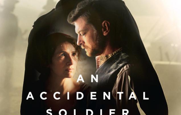 Back of man in miltary uniform with image of two main characters on Accidental Solider