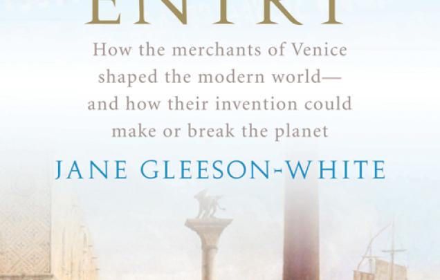 Old painting of a street scene of Venice with ships in the harbour on book cover of Double Entry by Jane Gleeson-White