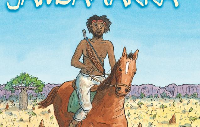 Painting of a man on a horse walking through water on bookcover of Jandamarra by Mark Greenwood and Terry Denton