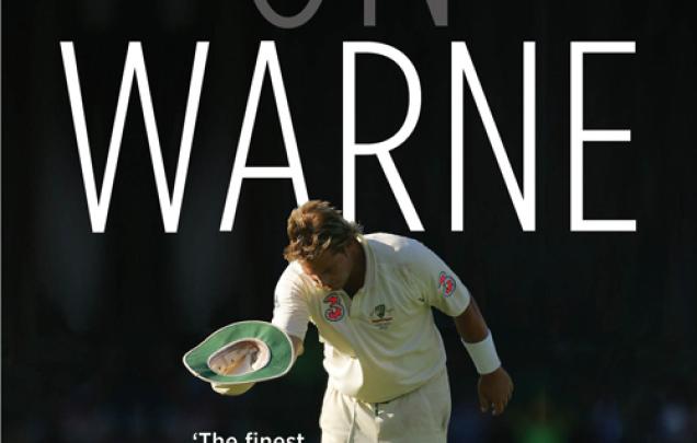 Australian International Cricketer Shane Warne bowing and holding a hat on a cricket field on book cover for On Warne by Gideon Haigh