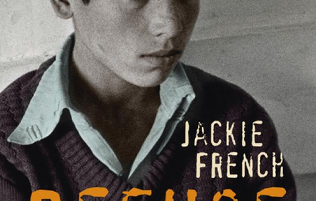 Boy sitting down wearing a a jumper on book cover of Refuge by Jackie French
