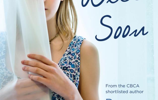 Girl holding a curtain in hands on book cover of Stay Well Soon by Penny Tangey