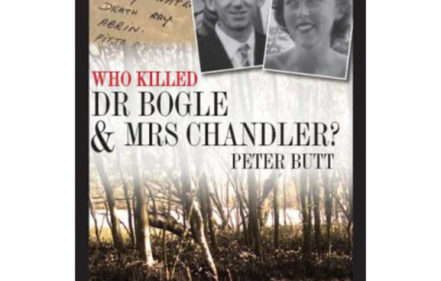 Photograph of woman and man smiling and below a picture of a swamp on book cover of Who Killed Dr Bogle & Mrs Chandler by Peter Butt