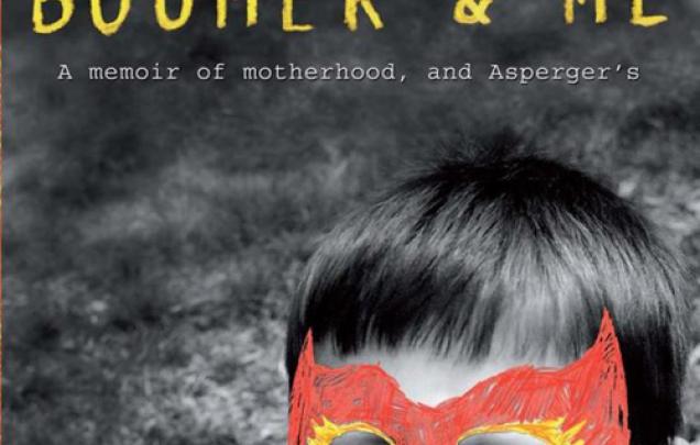 Child wearing a drawn on face mask on book cover on Boomer and Me - A memoir of motherhood, and Asperger's by Jo Case