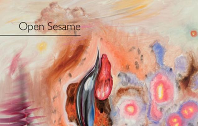 Artistic painting on book cover of Open Sesame by Michael Farrell