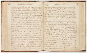 Handwritten letters on two pages yellowed manuscript