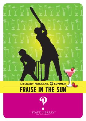 Image of silhouetted female cricketers on green background with small image of red cocktail drink