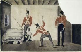 The arrest of Governor Bligh, 1808, Artist unknown, watercolour drawing, Safe 4/5