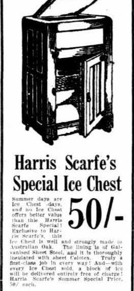 Sketch of an ice chest followed by advertising text