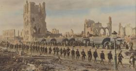 A hand coloured photograph of soldiers filing past the ruins of grand buildings.