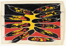 A black, red and yellow graphic of feathers splayed in a pattern