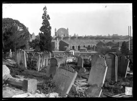 Black and white photograph of gravestones