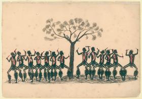 Drawing of men around a tree, sticking their arms in the air and holding a stick