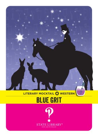 Blue ggrit mocktail recipe card with female rider on horse and two kangaroos