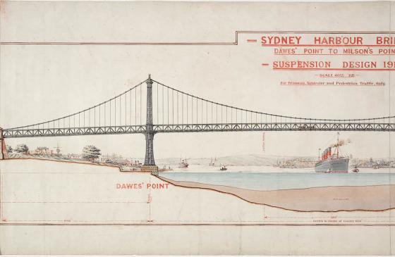 Colour plan of proposed bridge design for Dawes' Point to Milson's Point.