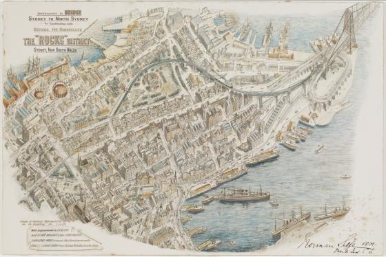Approaches to bridge Sydney to North Sydney in combination with scheme for remodelling the "Rocks" district / ariel view of remodelling proposal 1891