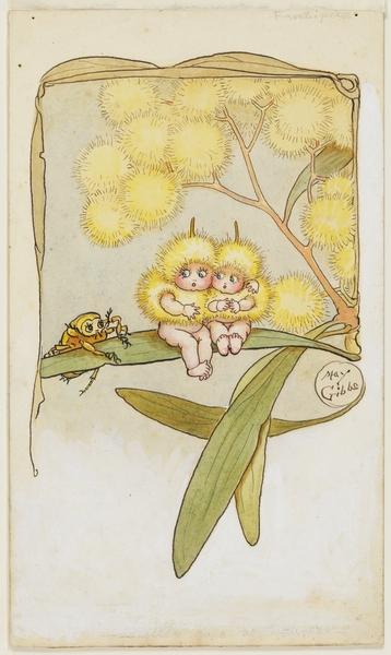 Front cover of Wattle Babies, watercolour by May Gibbs, 1918.