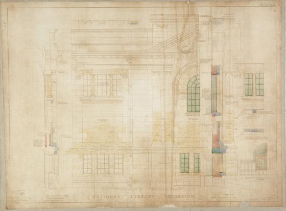 Architectural plan of a large sandstone building that appears to have coloured with age.