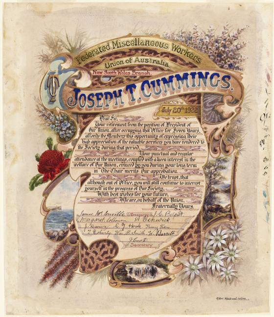 A hand illustrated illuminated address, made out to Joseph T Cummings dated July 20, 1922 
