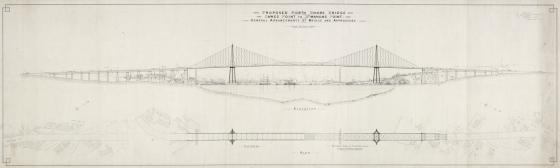 Black and white plan of proposed bridge for Sydney Harbour.