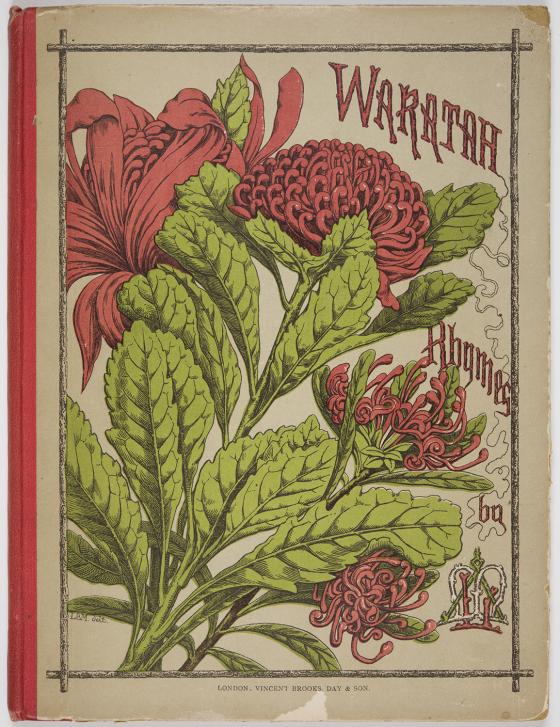 The cover of a worn, brown book called 'Waratah Rhymes' with illustration of waratah and red binding.