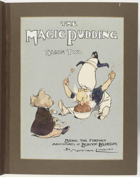 Colour illustration of The Magic Pudding, showing a Koala in a jacket, a bearded man with his face in a pudding basin and a penguin balancing on his back.