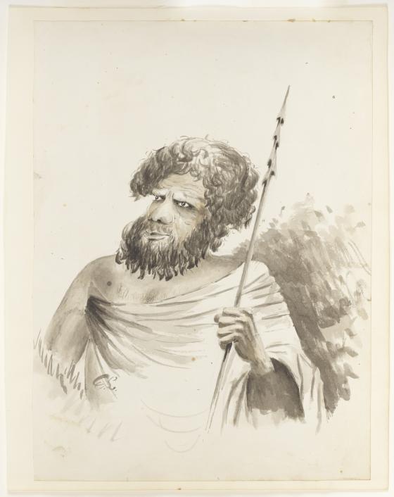 Ink drawing of an Aboriginal man wearing a draped cloak, holding a spear.