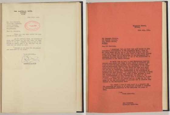 Letters to and from John Metcalfe and Laurence Olivier