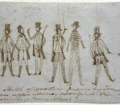 Sketch of Squatters drawn in 1864 by Tommy McRae, an Aboriginal man from the upper Murray River. (Call number: PXA 364, 11)