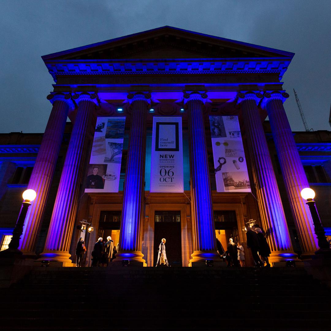 Mitchel Library exterior at night