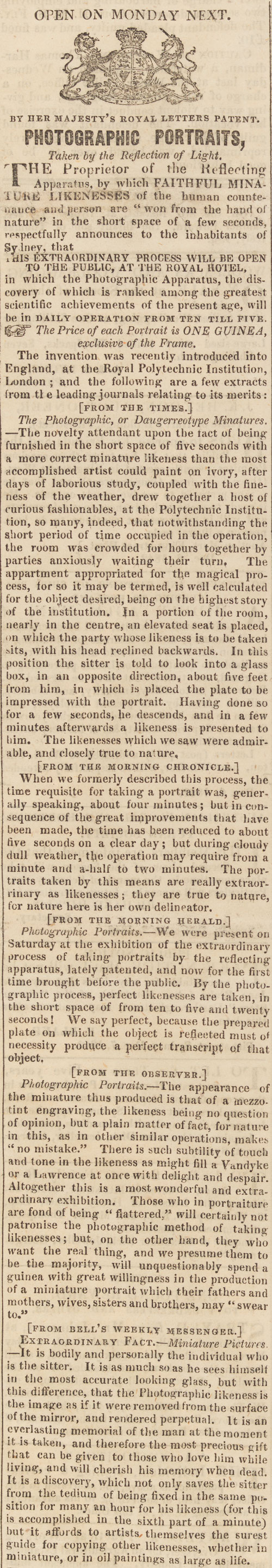 Advertisement, 'Photographic Portraits, Taken by the Reflection of Light', The Australian, 9 December 1842, p.1.	