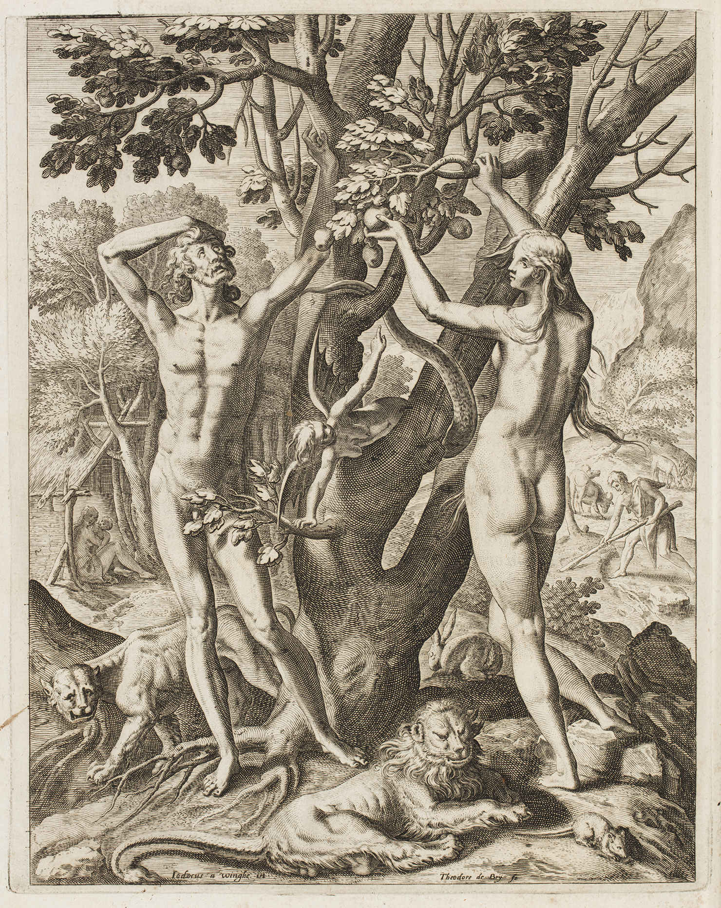 Black and white engraving of a naked man and woman reaching to pick and apple from a tree.