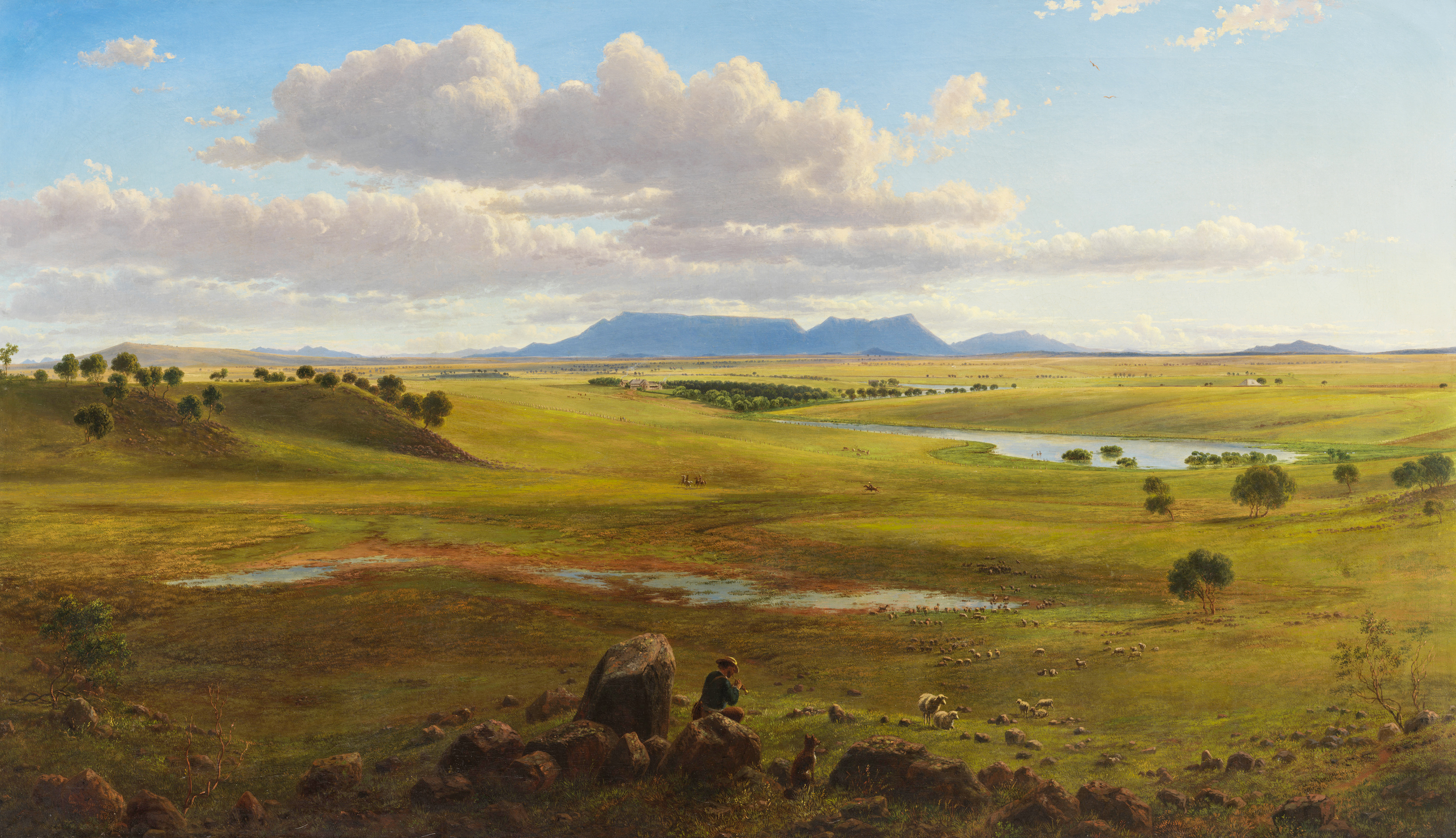 Painting of a landscape with rolling hills.