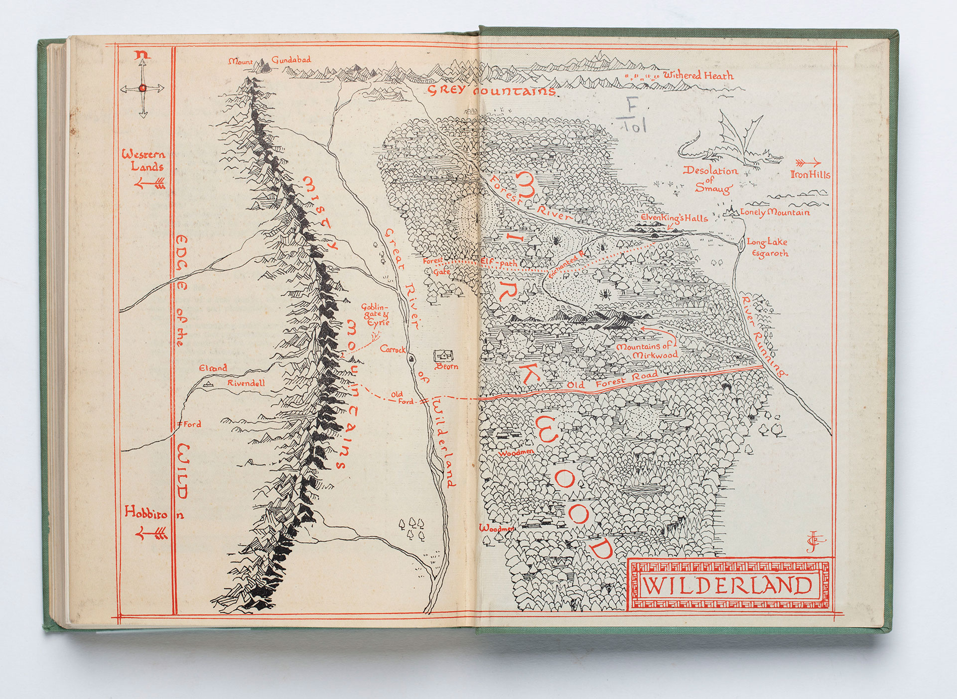 Endpapers illustrating a map of J R R Tolkien's universe.