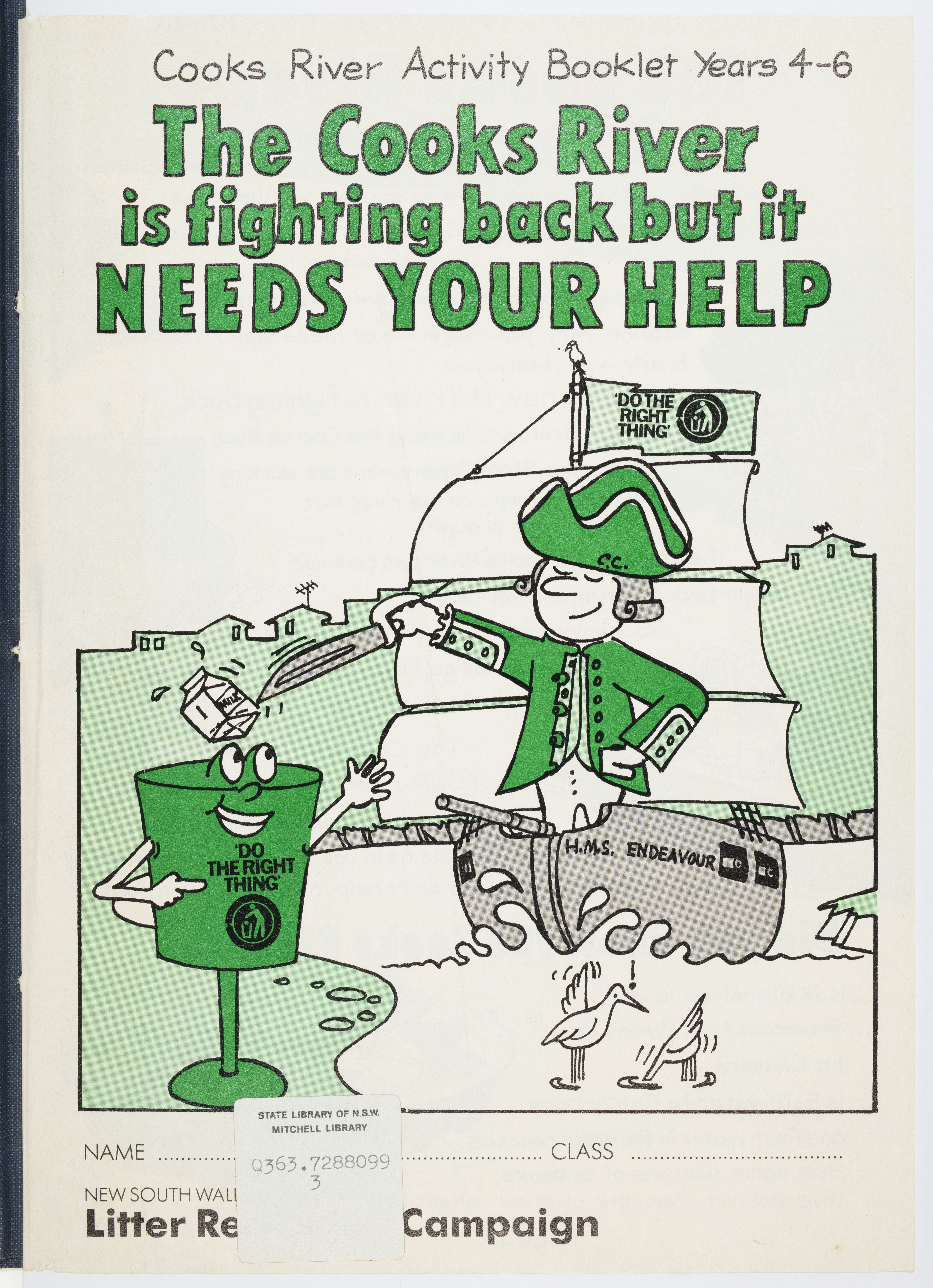 Cover of the Cooks River activity booklet years 4–6, NSW Government Litter Reduction Campaign, c 1986, 