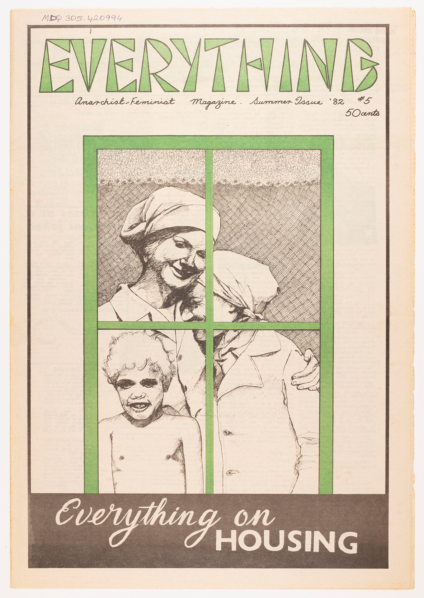 Green and black magazine cover depicting a window, with a woman holding two children in view.