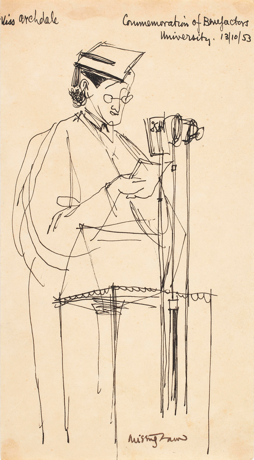 A sketch of a woman in academic garb at a podium.