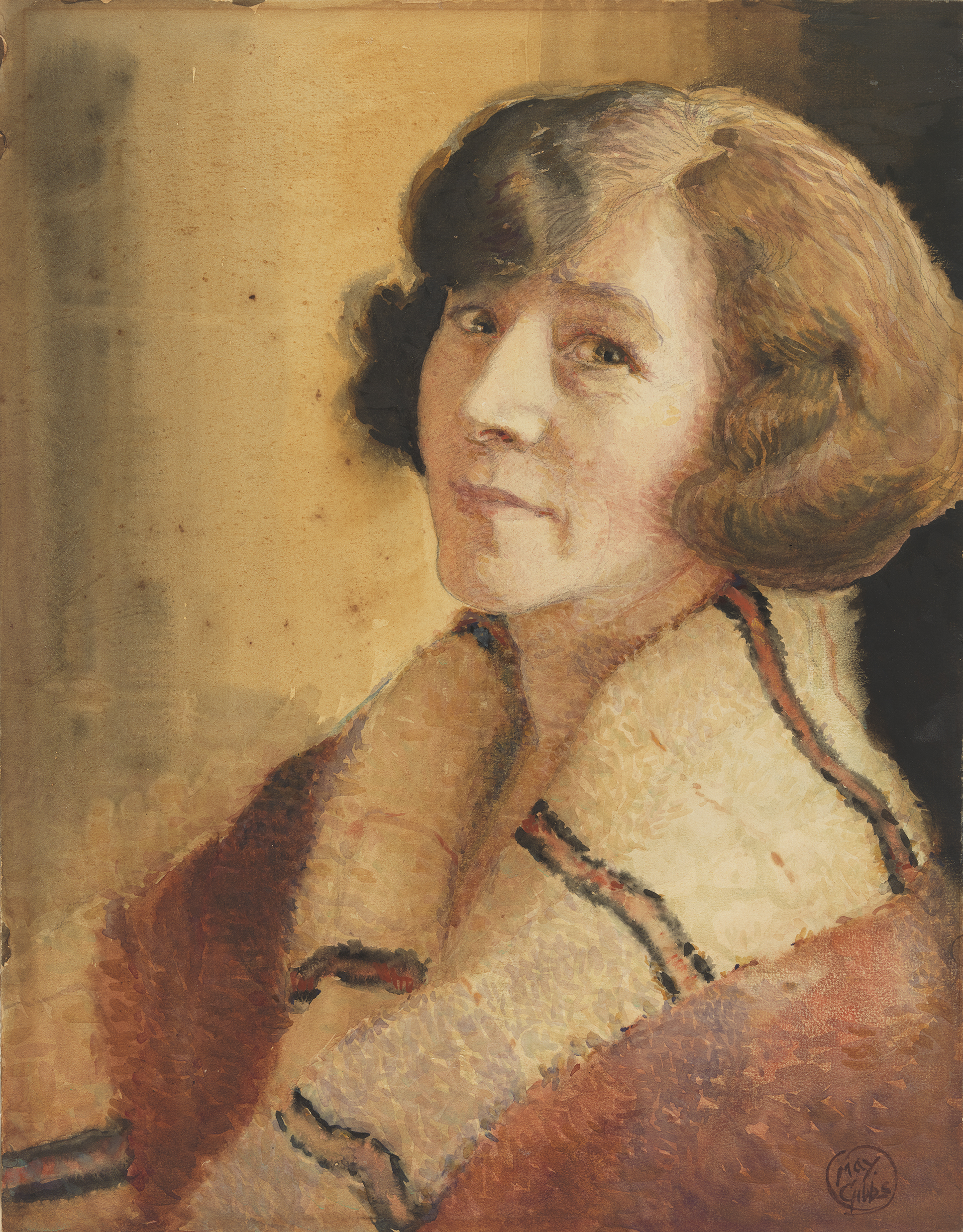 A painting of warm brown, yellow and orange tones depicts a middle-aged caucasian woman with short brow hair looking directly at the viewer.