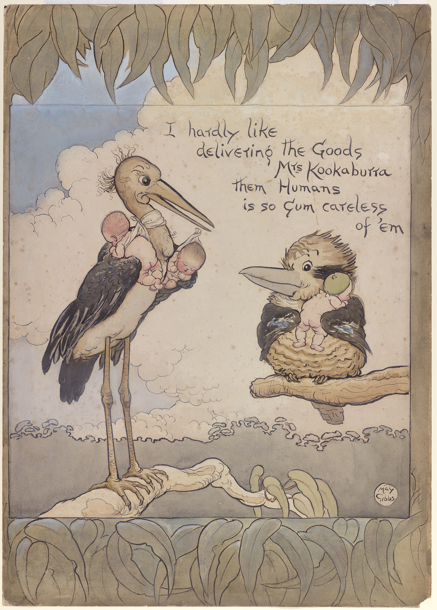 A hand drawn illustration of a stork, holding two babies, having delivered another baby to a Kookaburra