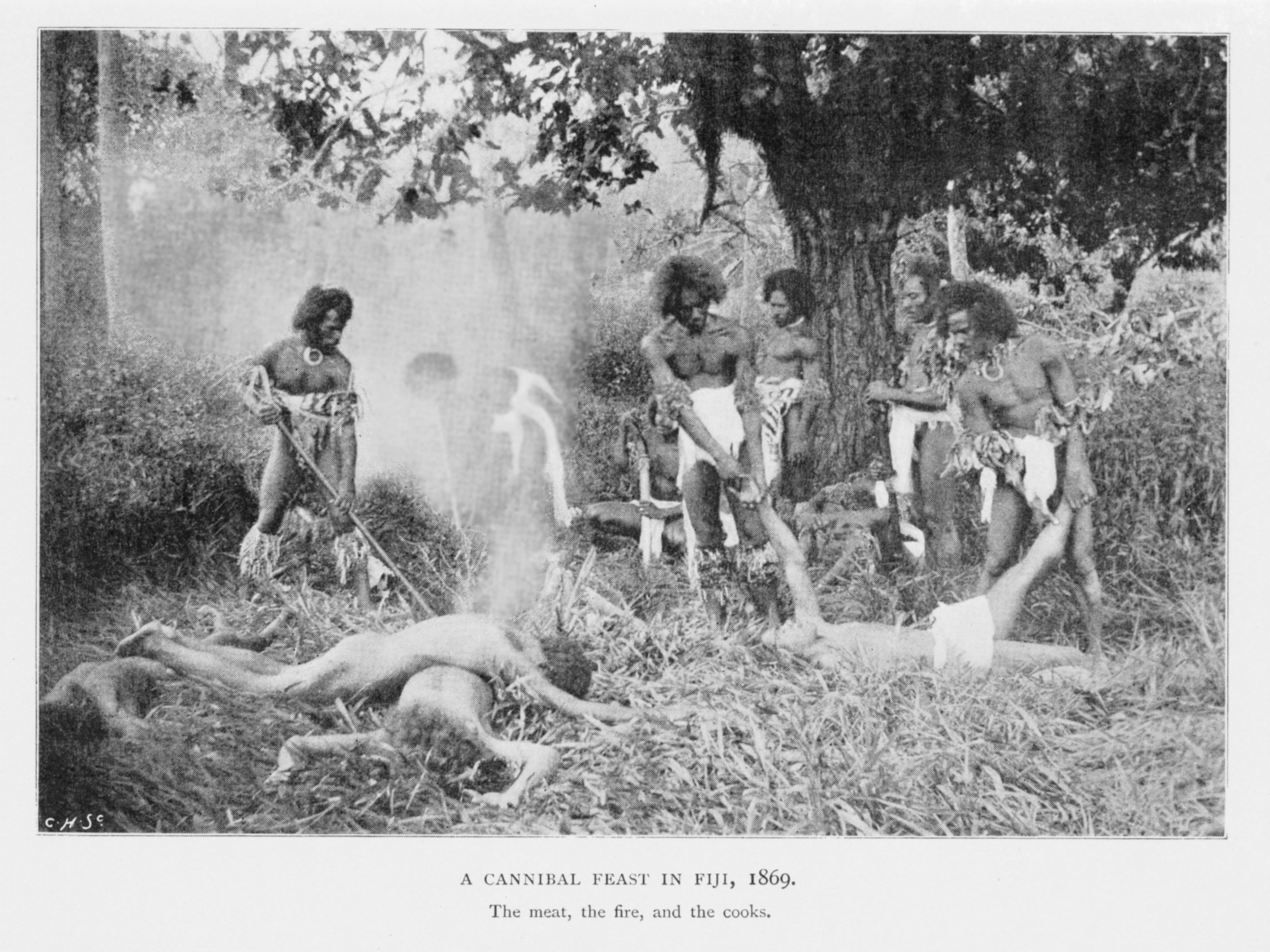 ‘A Cannibal Feast in Fiji, 1869: The meat, the fire, and the cooks’, from Brown Men and Women, 1898, by Edward Reeves