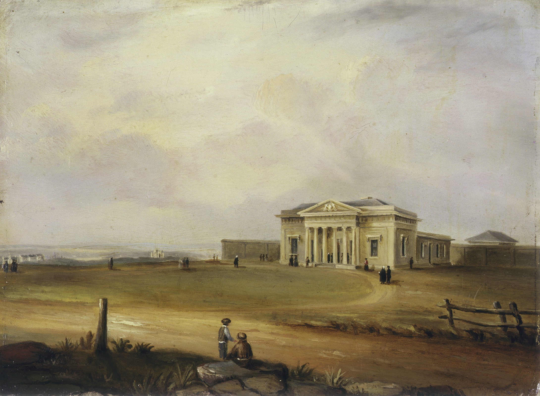 Oil painting of a grand sandstone building with various people on the forecourt including a wigged solicitor. In the background, two other large buildings appear on the otherwise empty country landscape.