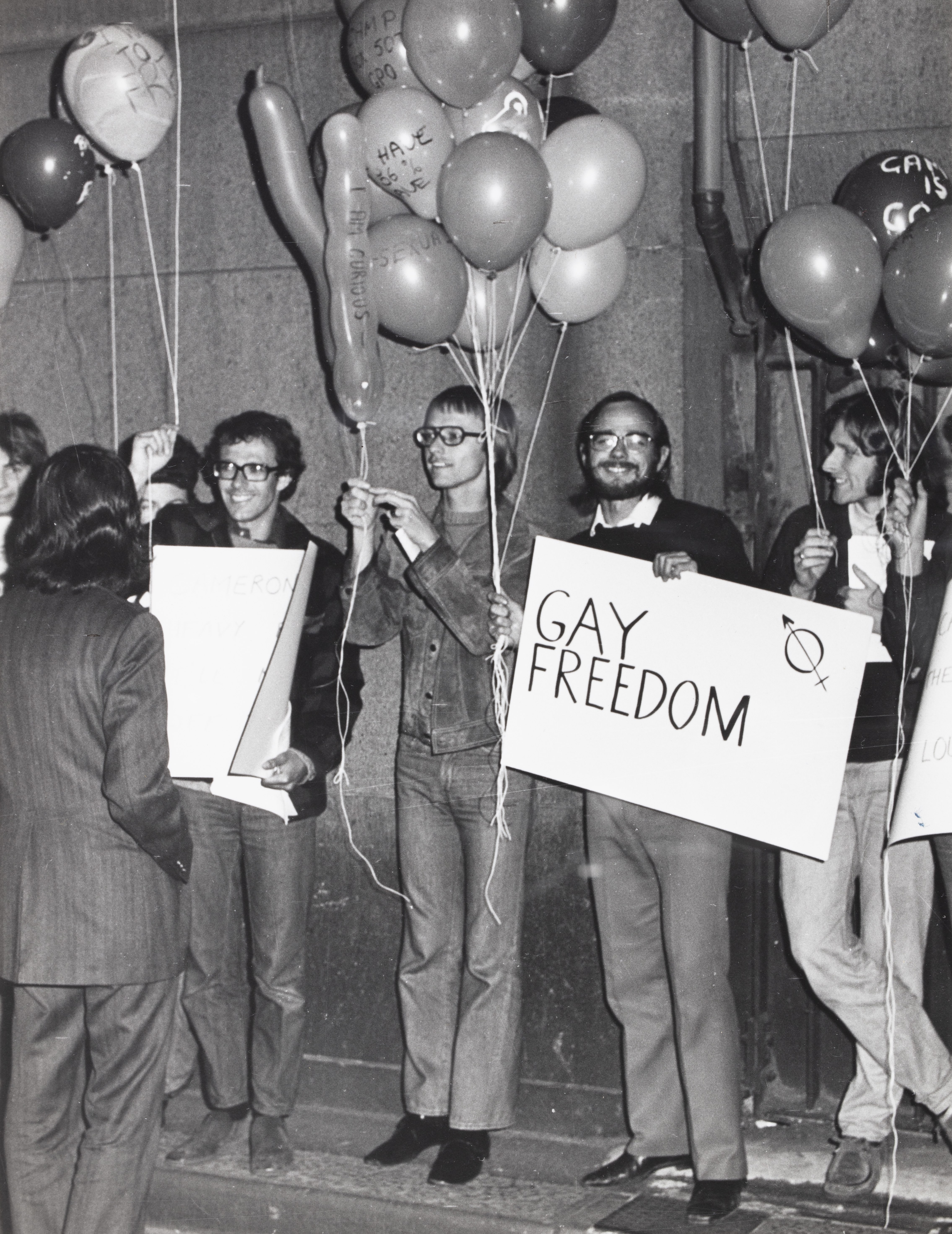 Placard: ‘Gay Freedom’, CAMP Inc. demonstration outside NSW Liberal Party Headquarters, Ash St, Sydney.