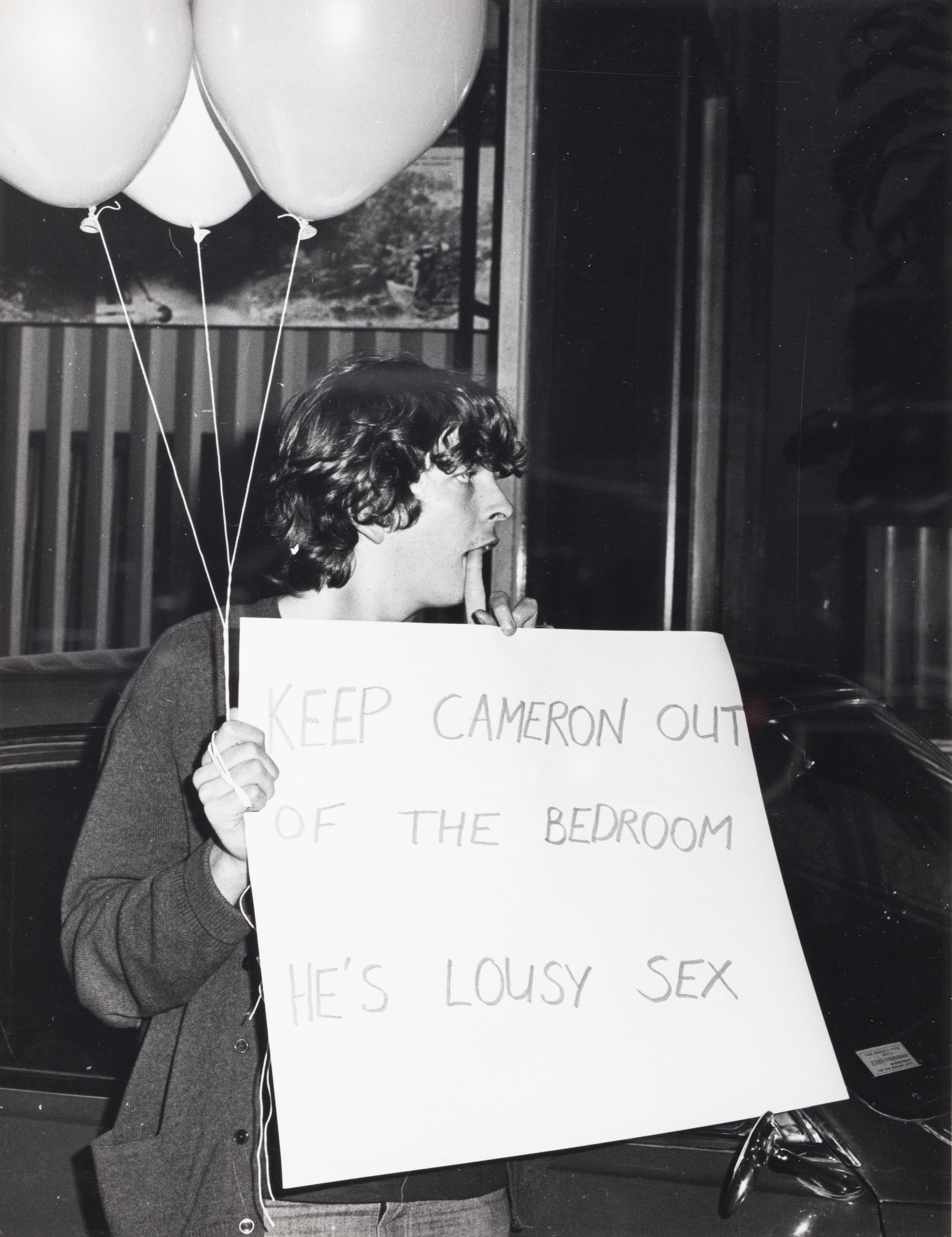 Placard: ‘Keep Cameron Out of the Bedroom He’s Lousy Sex’, CAMP Inc. demonstration outside NSW Liberal Party Headquarters, Ash St, Sydney.