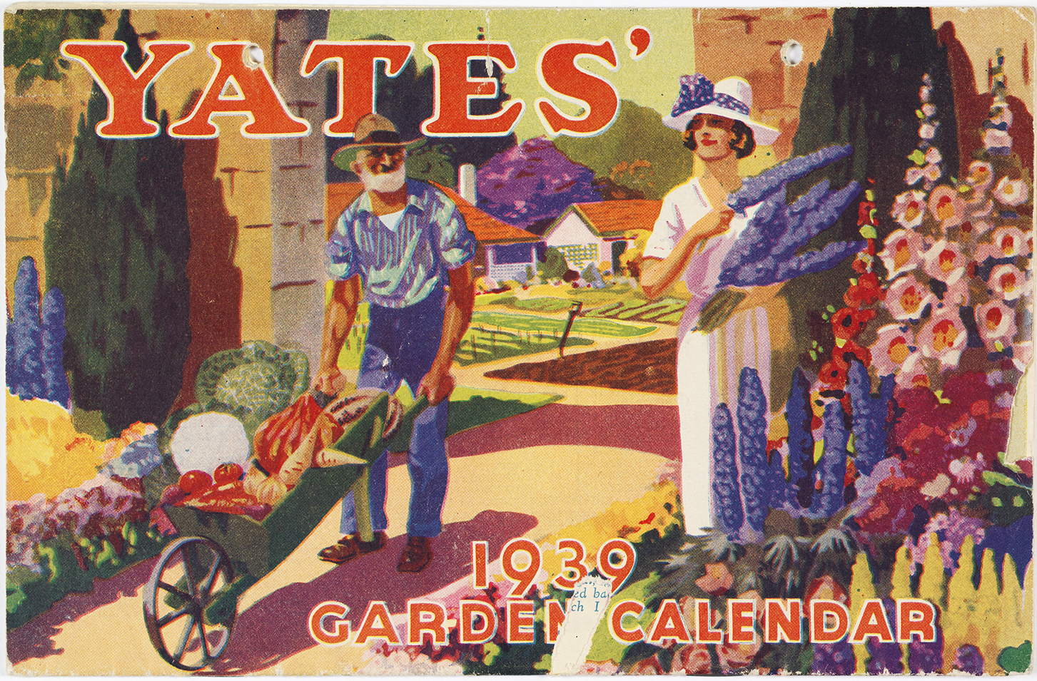 1939 Calendar cover depicting a colourful oil painting of a man and woman in a garden.