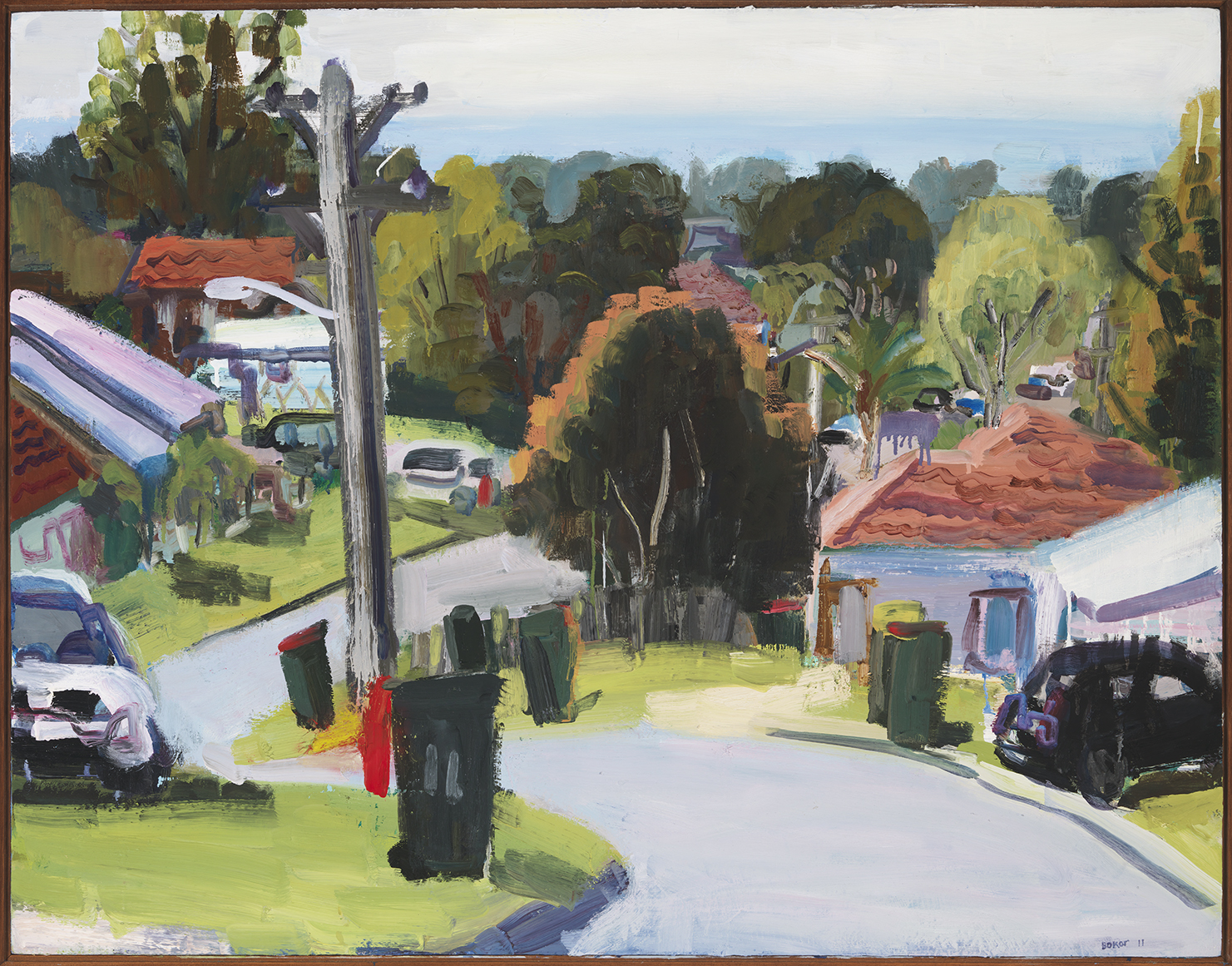 An oil painting of a leafy suburban street, lined with wheelie bins.